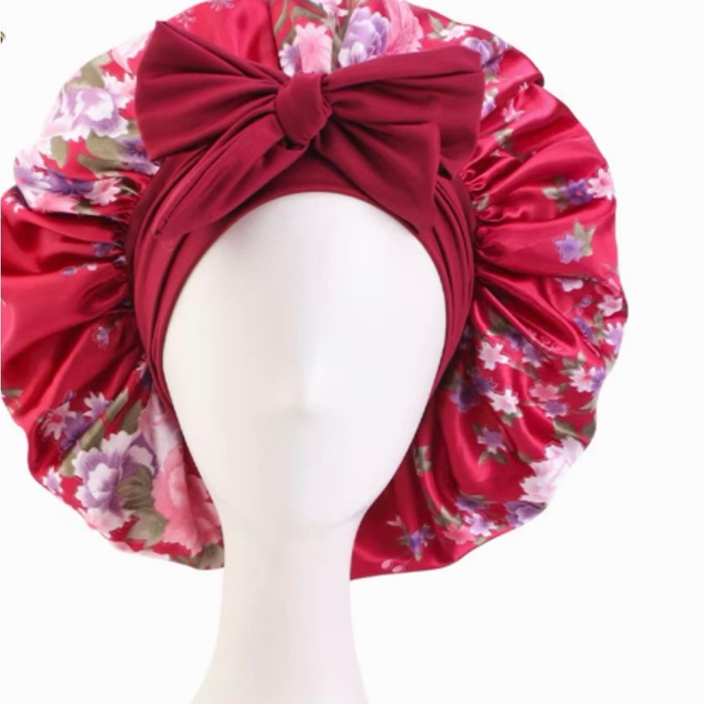 Floral Satin Hair Bonnet in Red